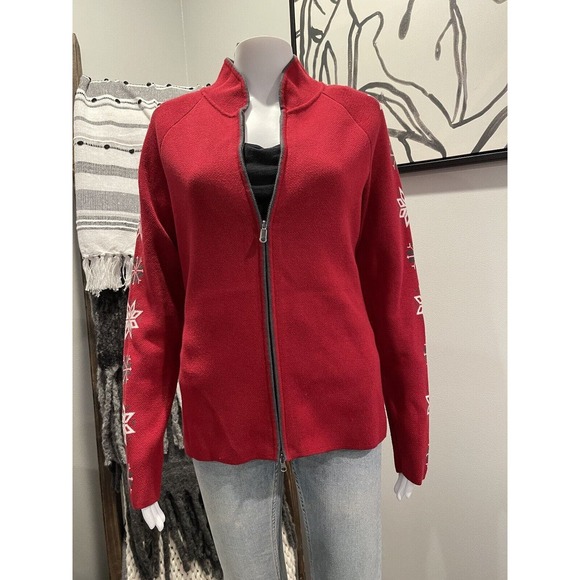 Eddie Bauer Fair Isle ❄️ Full Zip Front Red Sweater Cardigan Sport Sz M - Picture 2 of 7